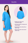 Woman wearing a bright blue nightgown with text listing benefits on a white background
