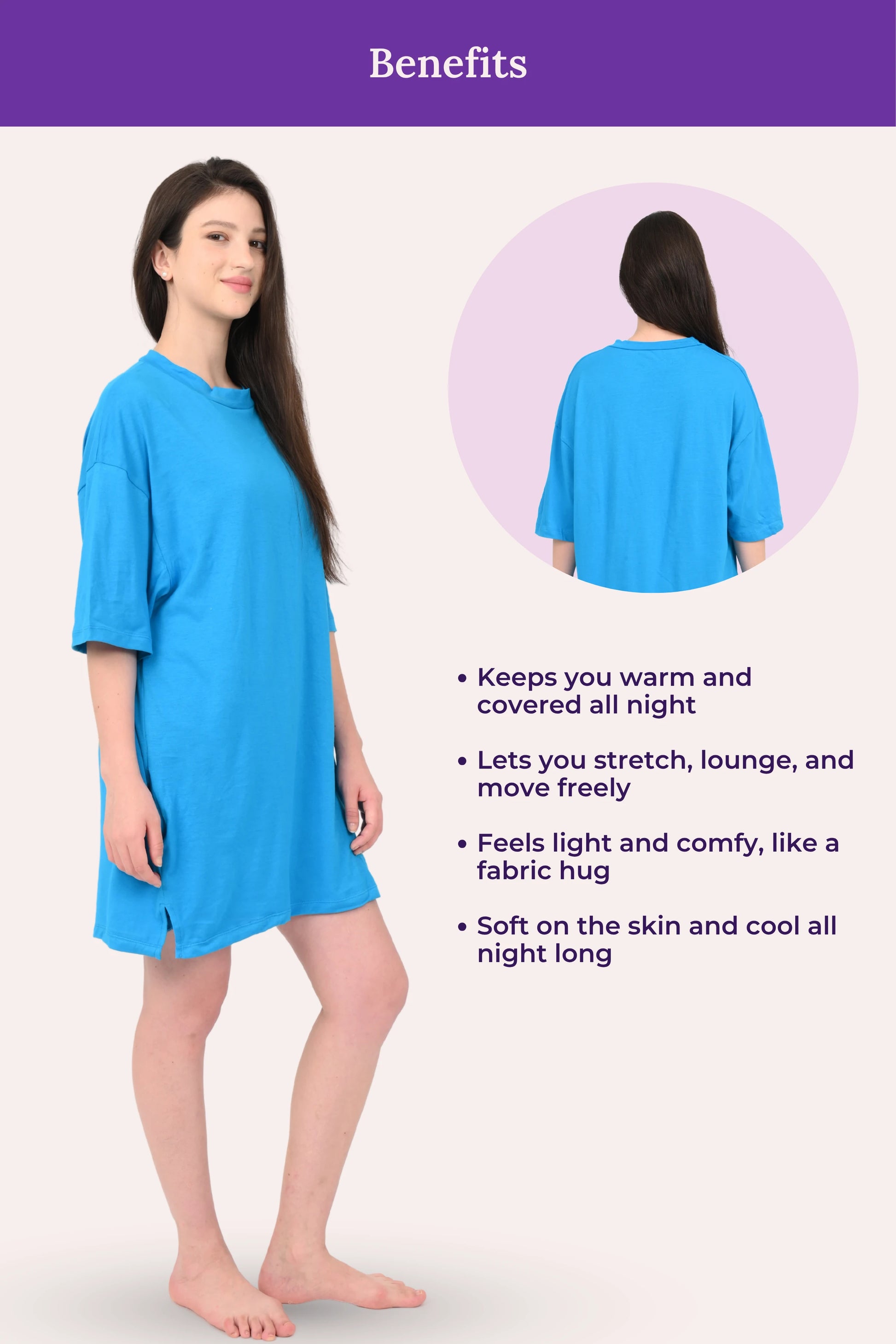 Woman wearing a bright blue nightgown with text listing benefits on a white background