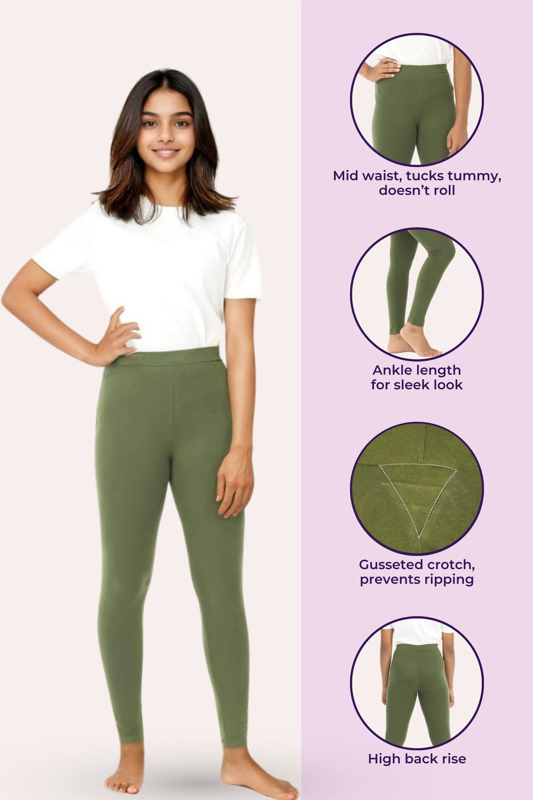 Teen Leggings | Mid Waist | Ankle Length | Non-See-Through | Soft Cotton & Elastane Blend | Gusset Crotch Prevents Ripping