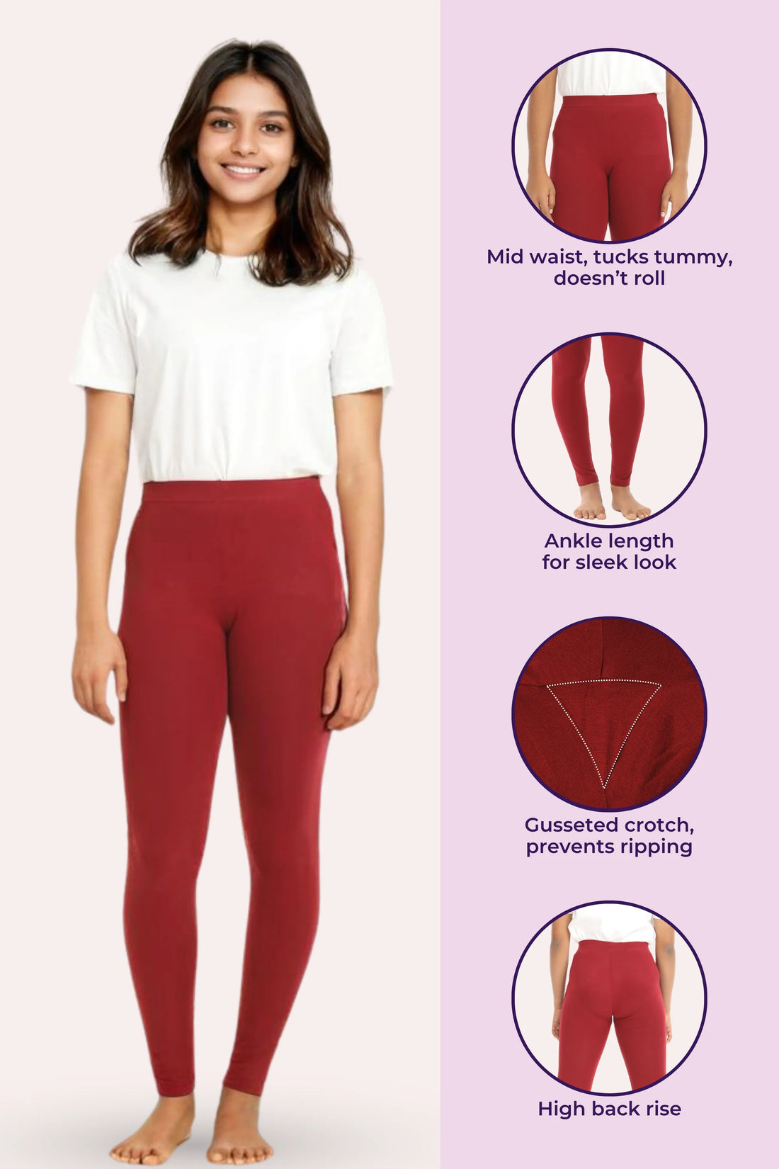 Teen Leggings | Mid Waist | Non-See-Through | Ankle Length | Cotton-Elastane Blend | Gusset Crotch Prevents Ripping