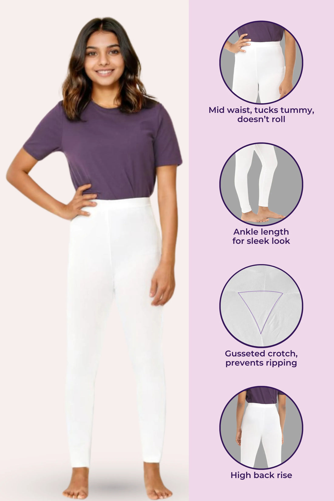 Teen Leggings | Mid Waist | Ankle Length | Non-See-Through | Soft Cotton & Elastane Blend | Gusset Crotch Prevents Ripping
