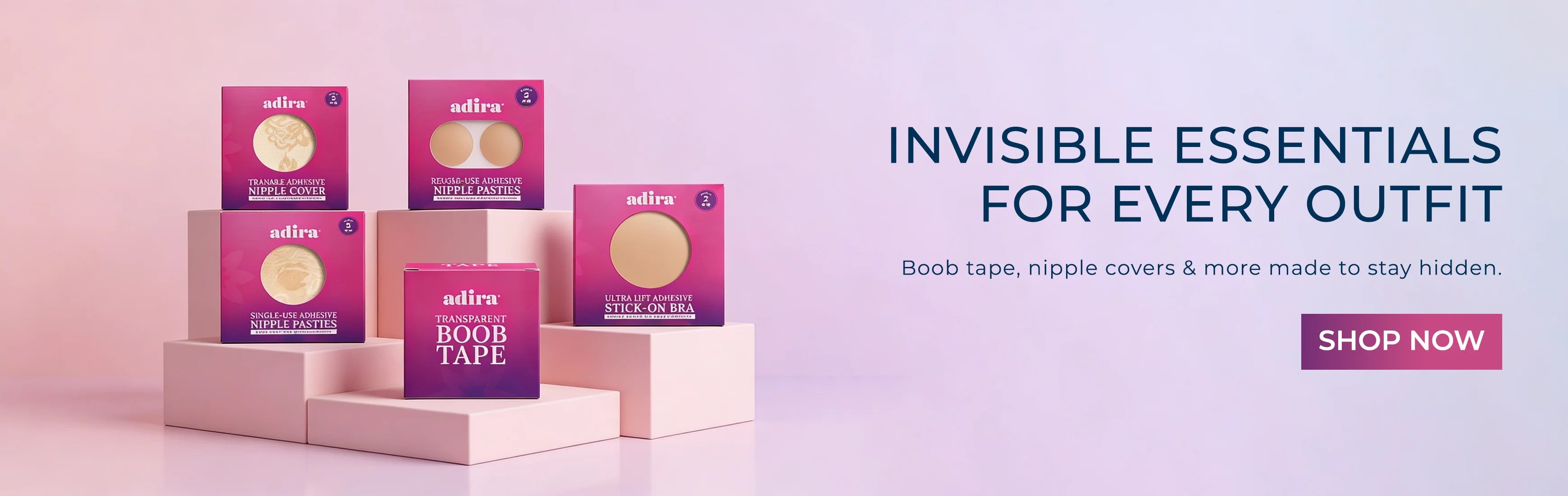 Adira boob tape packaging on a pink platform with promotional text on a light purple backgroundslider_item_yQaaX3