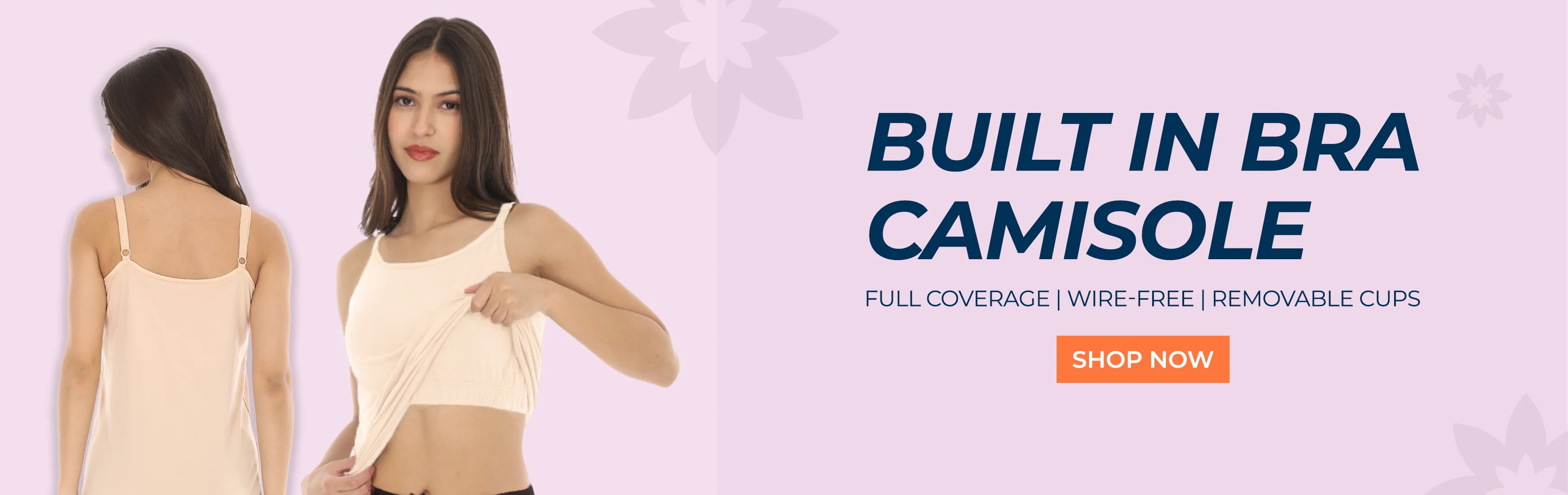 Two women wearing a built-in bra camisole with promotional text on a light pink backgroundslider_item_MAkgbA