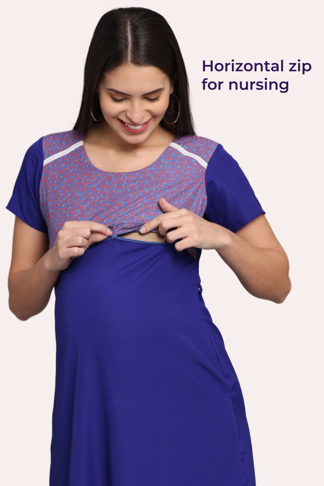 Royal Blue Maternity Gown With Patterned Yoke | Horizontal Zip Closures | Perfect For Pregnancy & Breastfeeding