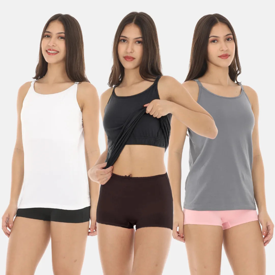 Camisole With Inbuilt Bra White, Black & Grey