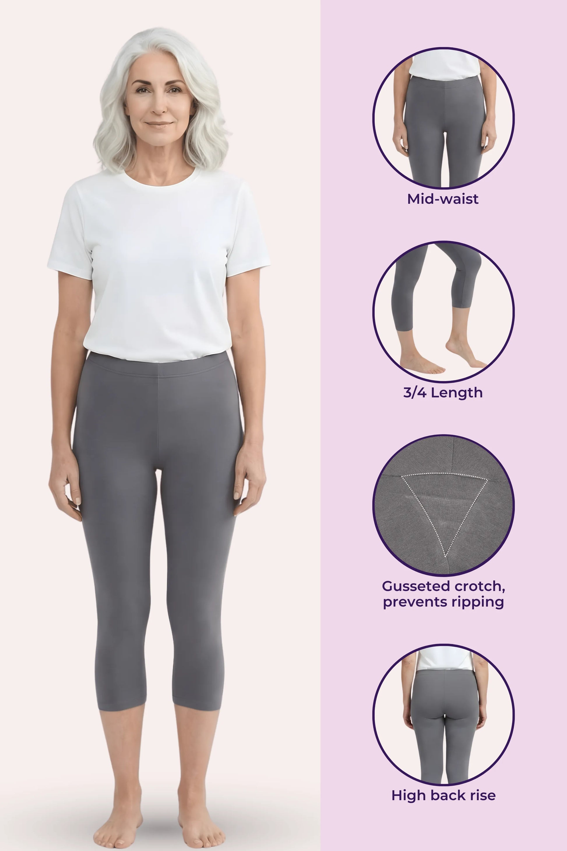 A woman modeling gray capri leggings on a split background, with inset circles on the right showing fit options (mid-waist, 3/4 length), a close-up of the Gusseted crotch area, and a back view note for high back rise.