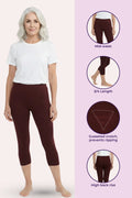 An elder woman stands against a pale pink background wearing brown capri leggings and a white T-shirt. On the right side are four circular inset images showing the leggings at mid-waist, 3/4 length, and high back rise, plus a close-up of the fabric with text noting gusseted crotch and prevention of ripping.