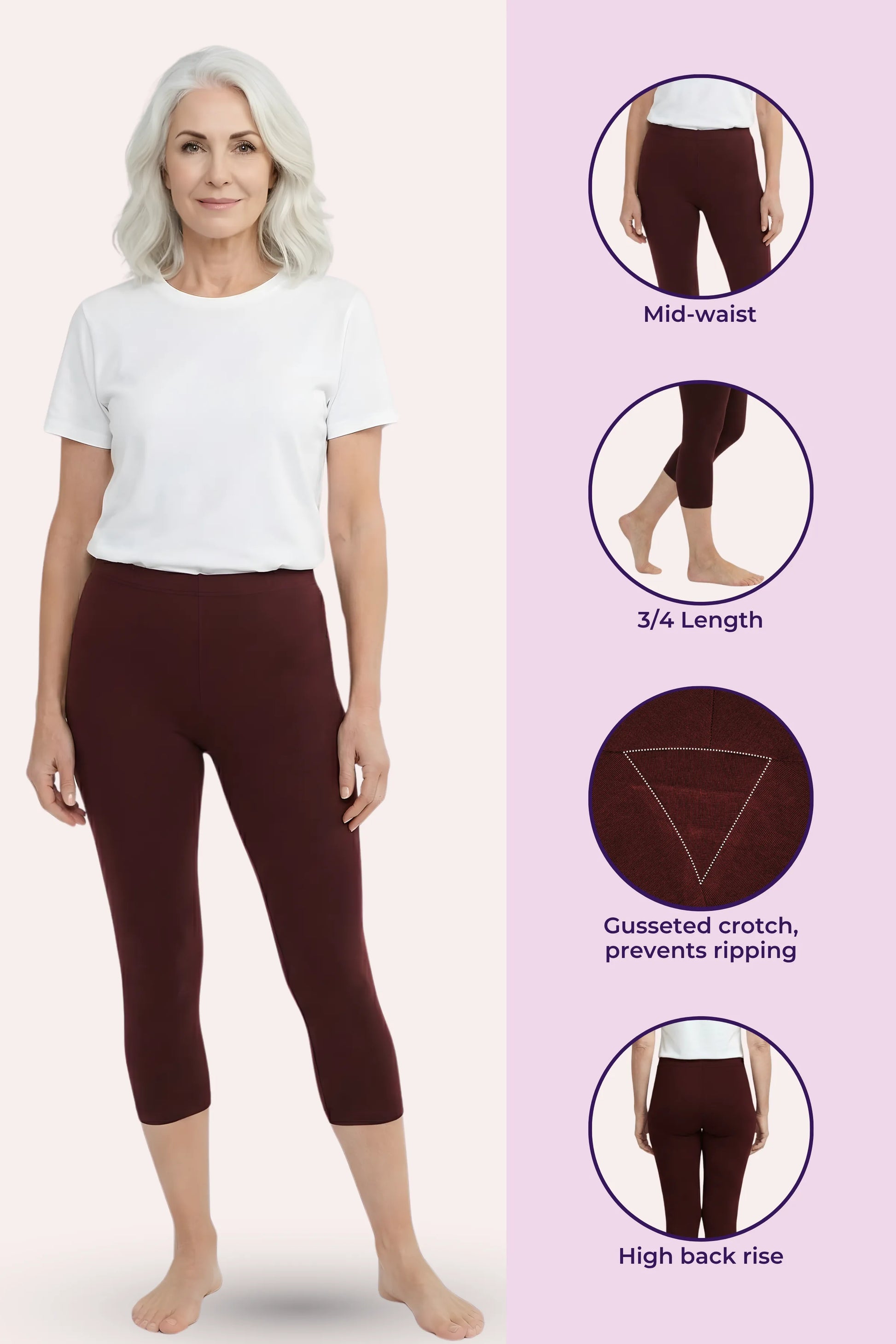 An elder woman stands against a pale pink background wearing brown capri leggings and a white T-shirt. On the right side are four circular inset images showing the leggings at mid-waist, 3/4 length, and high back rise, plus a close-up of the fabric with text noting gusseted crotch and prevention of ripping.