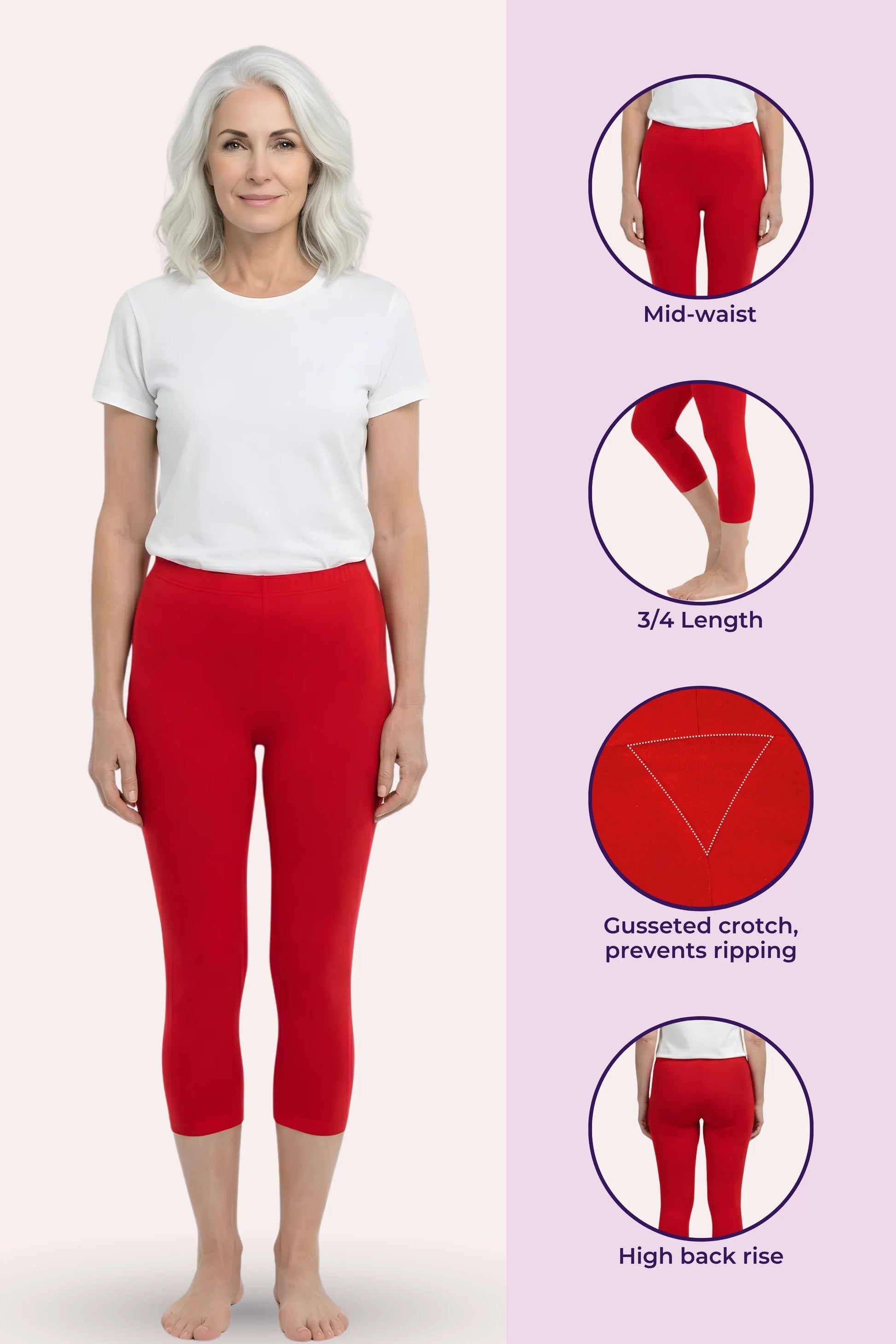 A woman modeling bright red capri leggings against a pale pink background, with four inset detail circles on the right showing mid-waist fit, 3/4 length, and gusseted crotch construction.