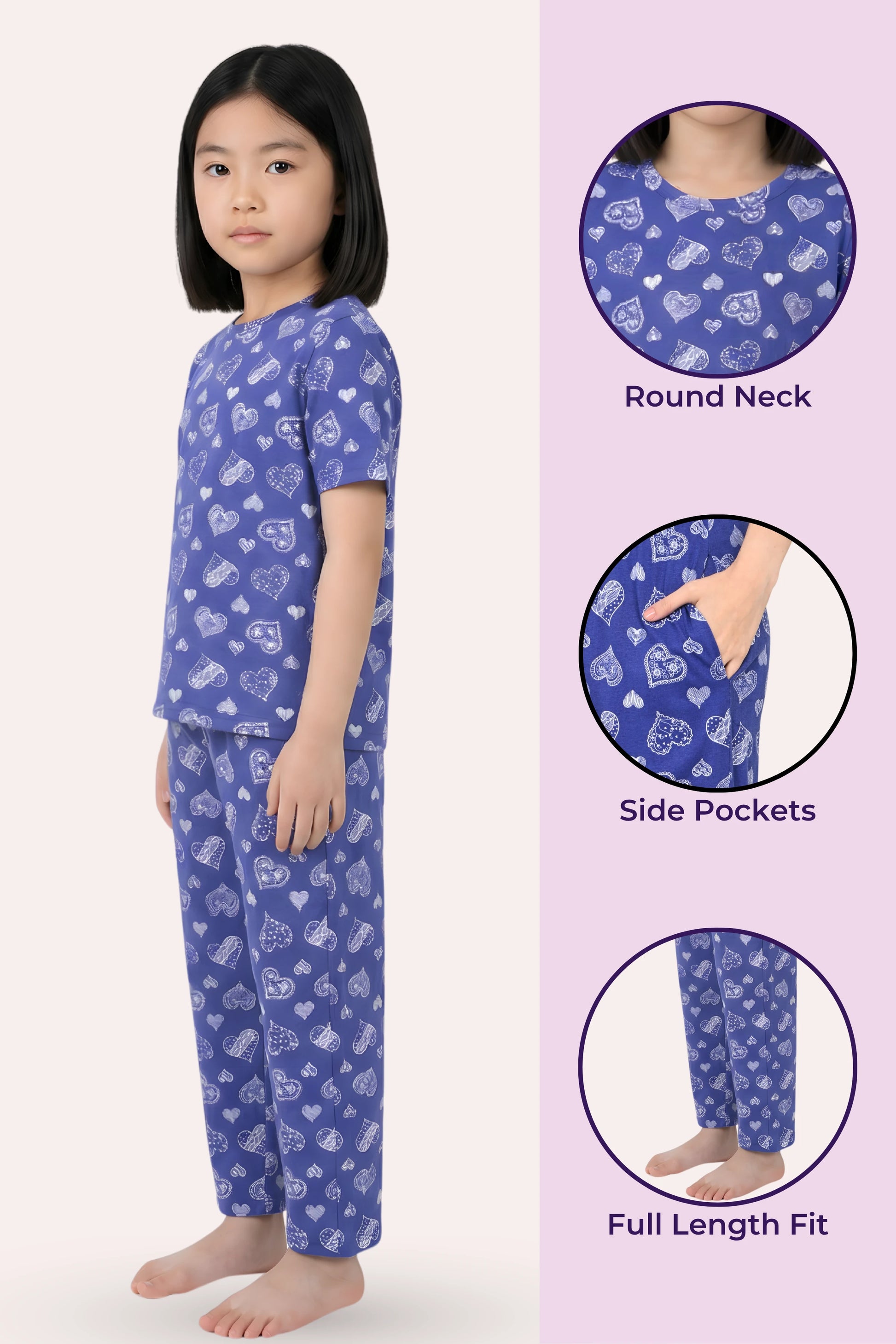 Girls wearing a navy pajama set with heart patterns, shown from different angles