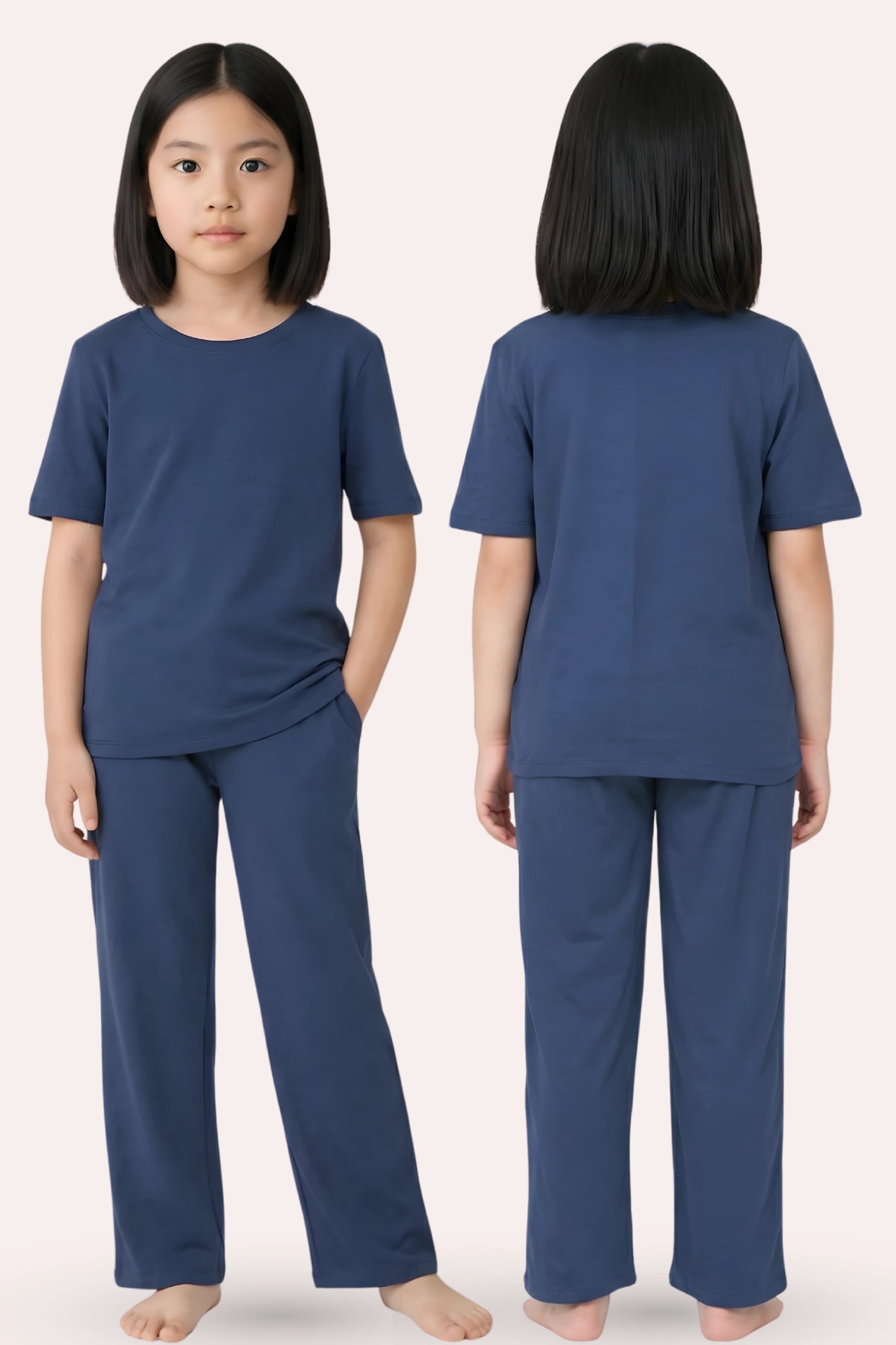 Girl wearing a airforce navy pajama set, shown from front and back