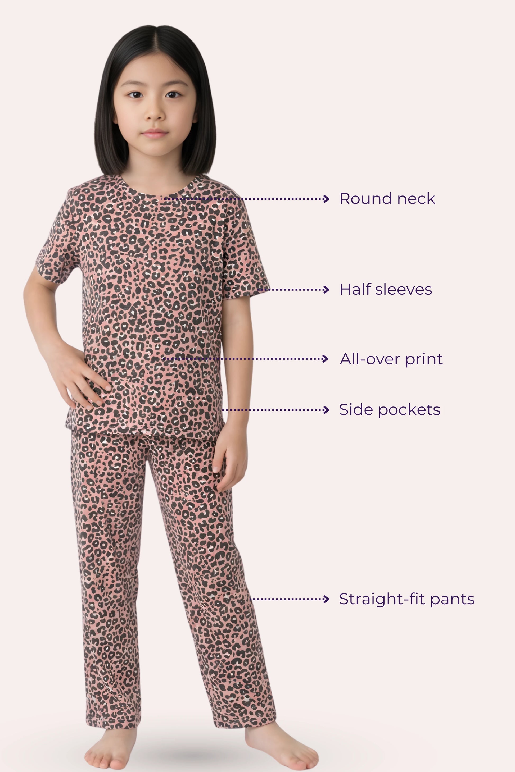 Girl wearing a brown leopard print pajama set with labeled features