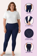 A woman modeling navy blue high-waisted leggings on a split beige and lavender background, with circular inset images showing the leggings at mid-waist, churidar length, gusset crotch detail, and high back rise.
