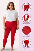 A woman modeling red high-waisted leggings with a white t-shirt, shown alongside feature callout circles on the right highlighting mid-waist, churidar length, gusset crotch, and high back rise.