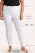 White high-waisted leggings shown on a model from the waist down, with purple text callouts highlighting features like mid-waist, gusset crotch, stretch fabric, and churidar length.