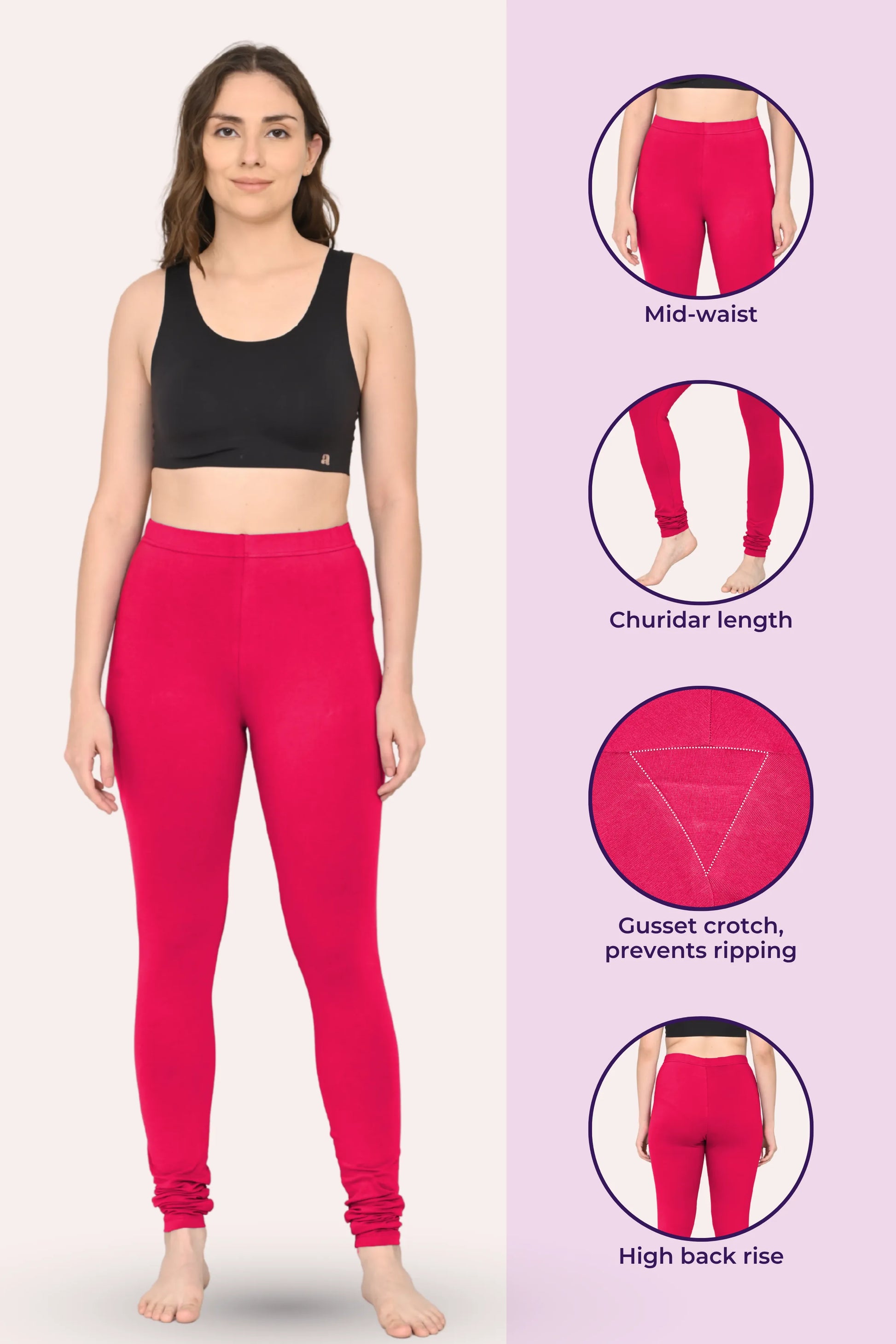 Women's stretch dark pink churidar leggings with key features