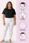 A woman modeling white high-waisted leggings with a black t-shirt, shown against  light purple background. The right side includes four circular inset images highlighting features: mid-waist fit, churidar length, gusset crotch, and high back rise.