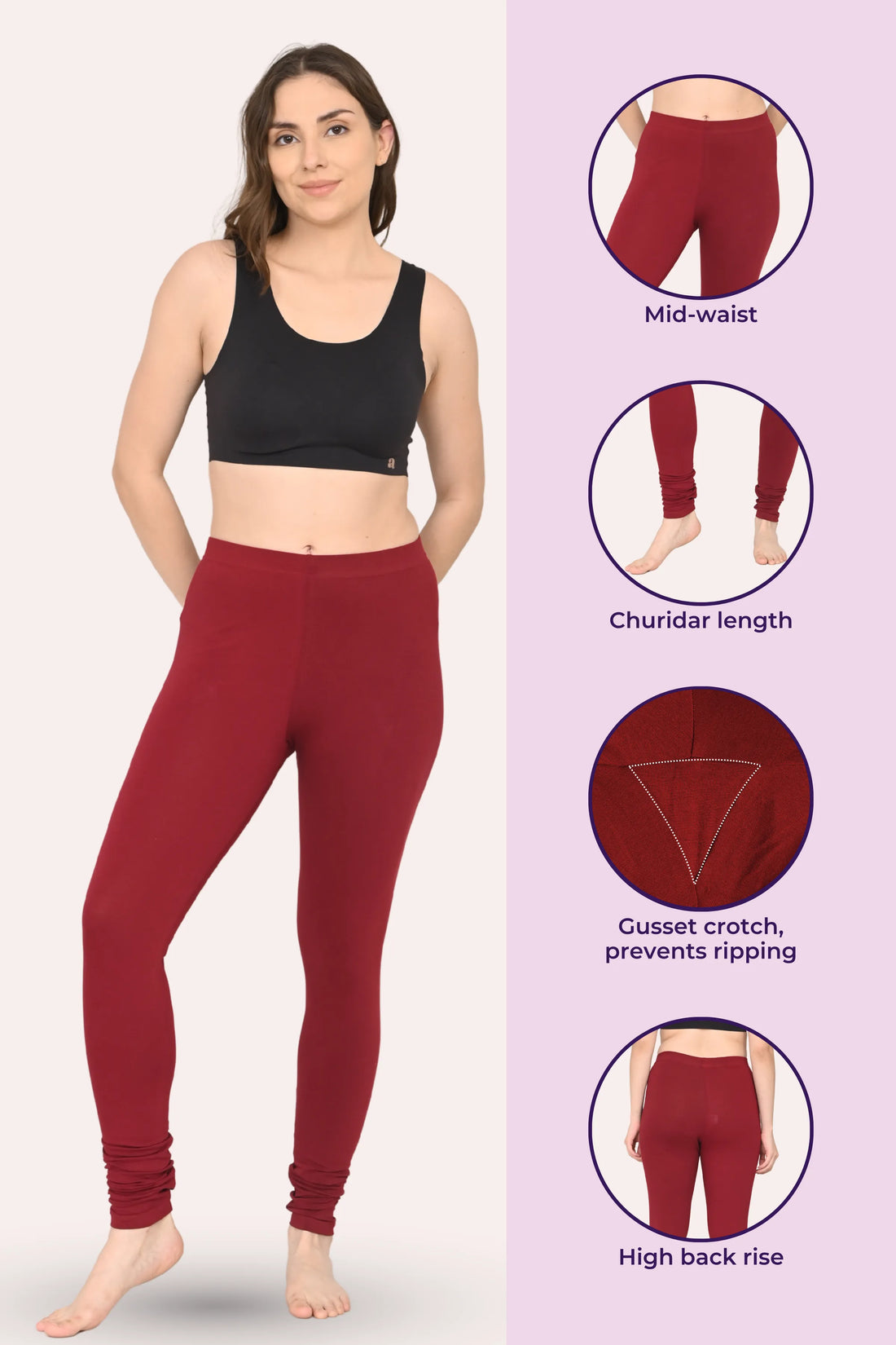 Women's Churidars | Mid Waist | Full Length | Ankle Gathers | Non-See-Through | Gusset Crotch to Prevent Ripping