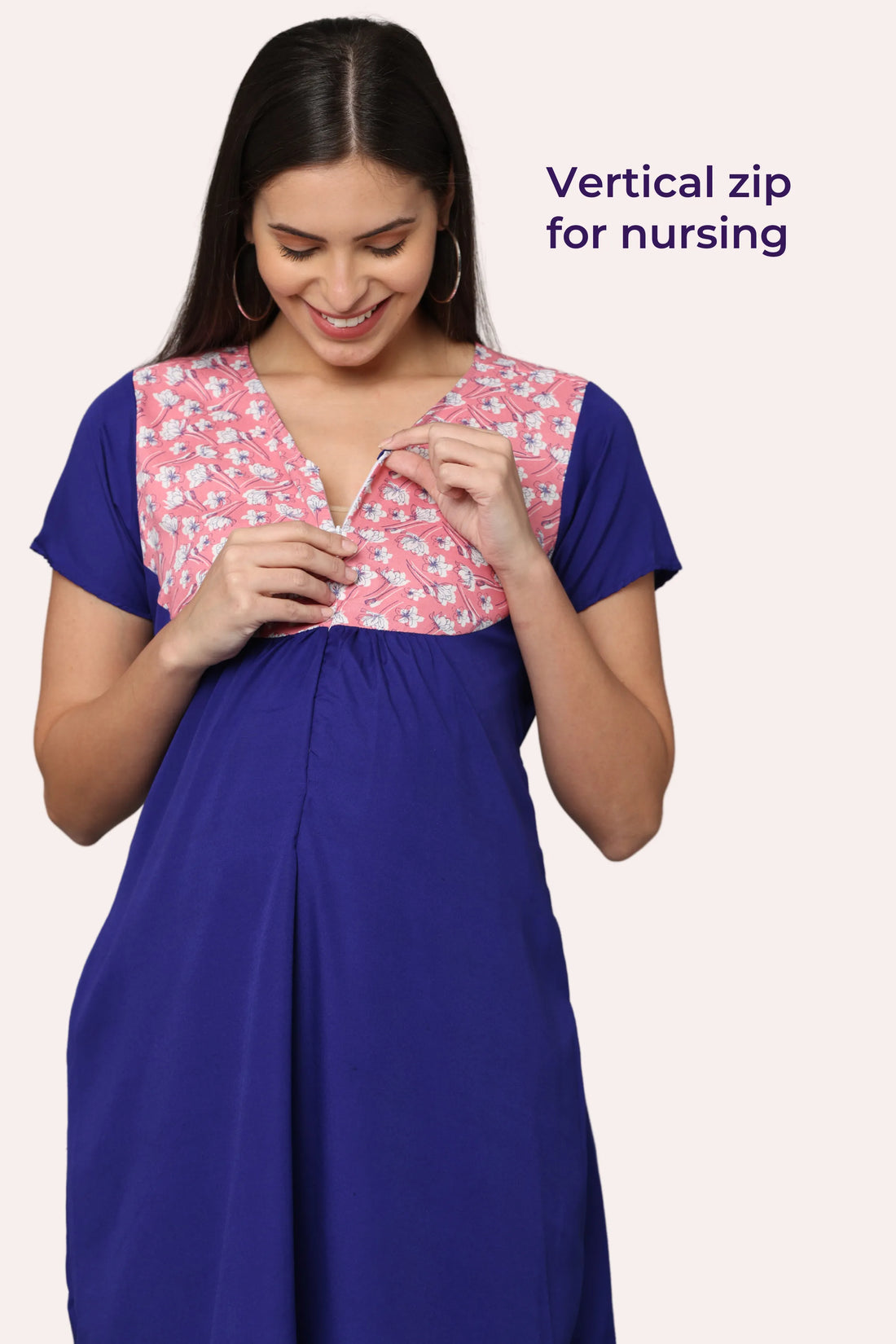 Navy Blue Maternity Gown With Pink Floral Yoke | Single Vertical Zip Closure | Ideal For Pregnancy & Breastfeeding