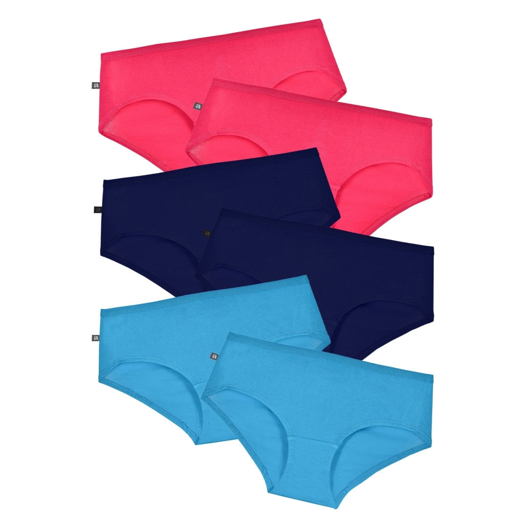 Cotton Panties for Teens Dark Pink, Navy Blue & Bright Blue Pack Of 6