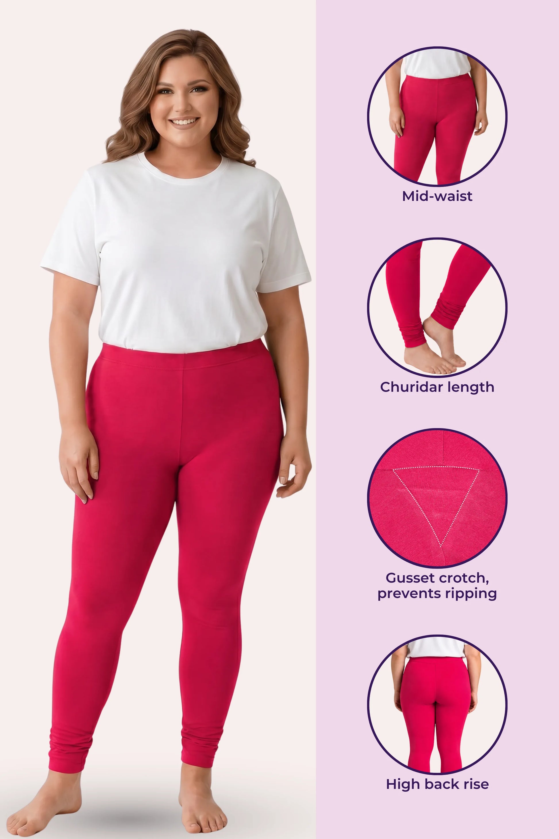 A woman modeling dark pink leggings with a white t-shirt, shown alongside feature callouts on a pale pink background: mid-waist, churidar length, Gusset crotch, and high back rise.