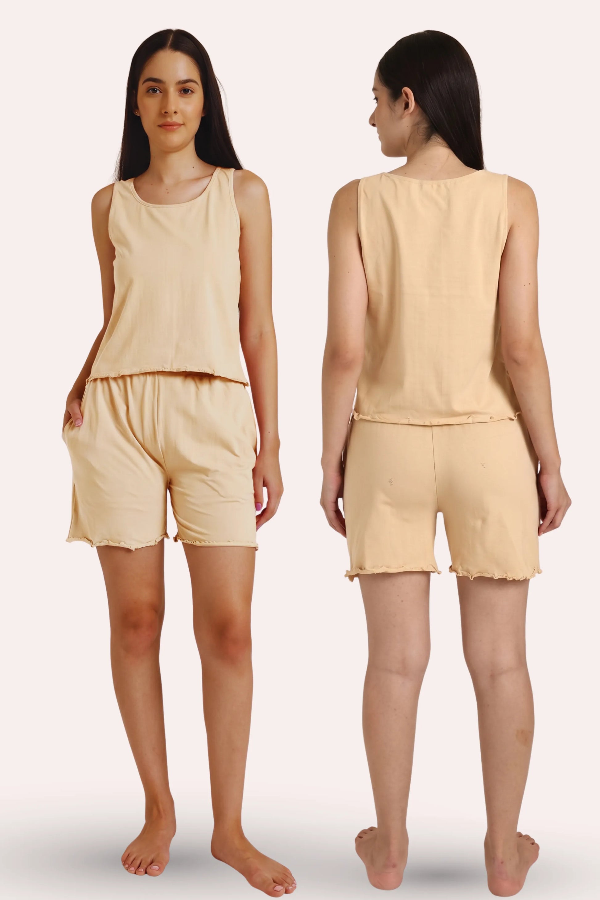 Woman wearing a cream sleeveless top and shorts set, shown from front and back