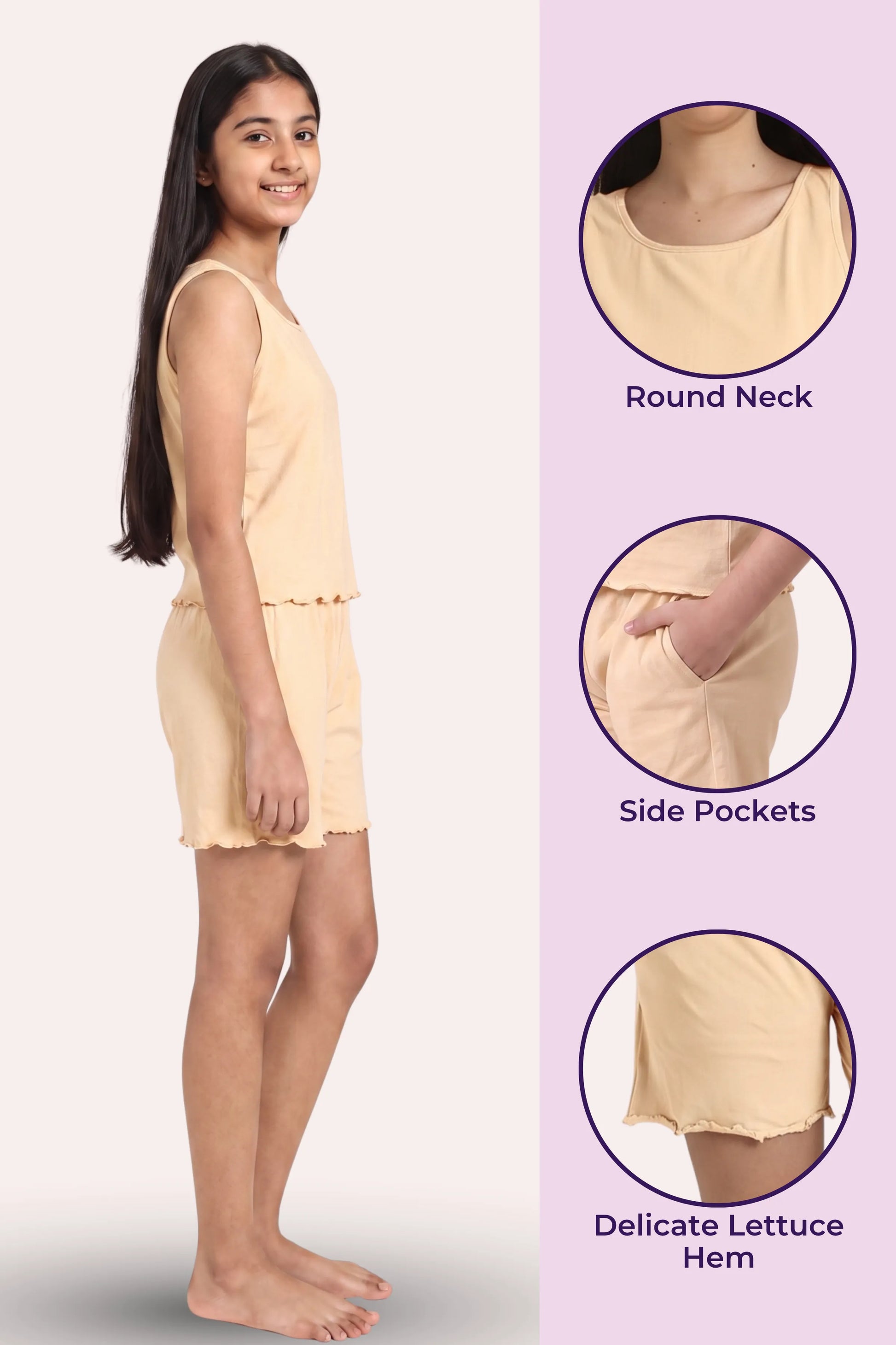A girl modeling a light peachy-beige sleeveless romper with side pockets, shown in profile on the left, with three circular detail callouts on the right highlighting the round neckline, side pockets.