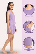 A girl modeling a lavender sleeveless top and matching shorts set against a light beige background, with three circular inset detail views on the right showing the round neckline, side pockets.
