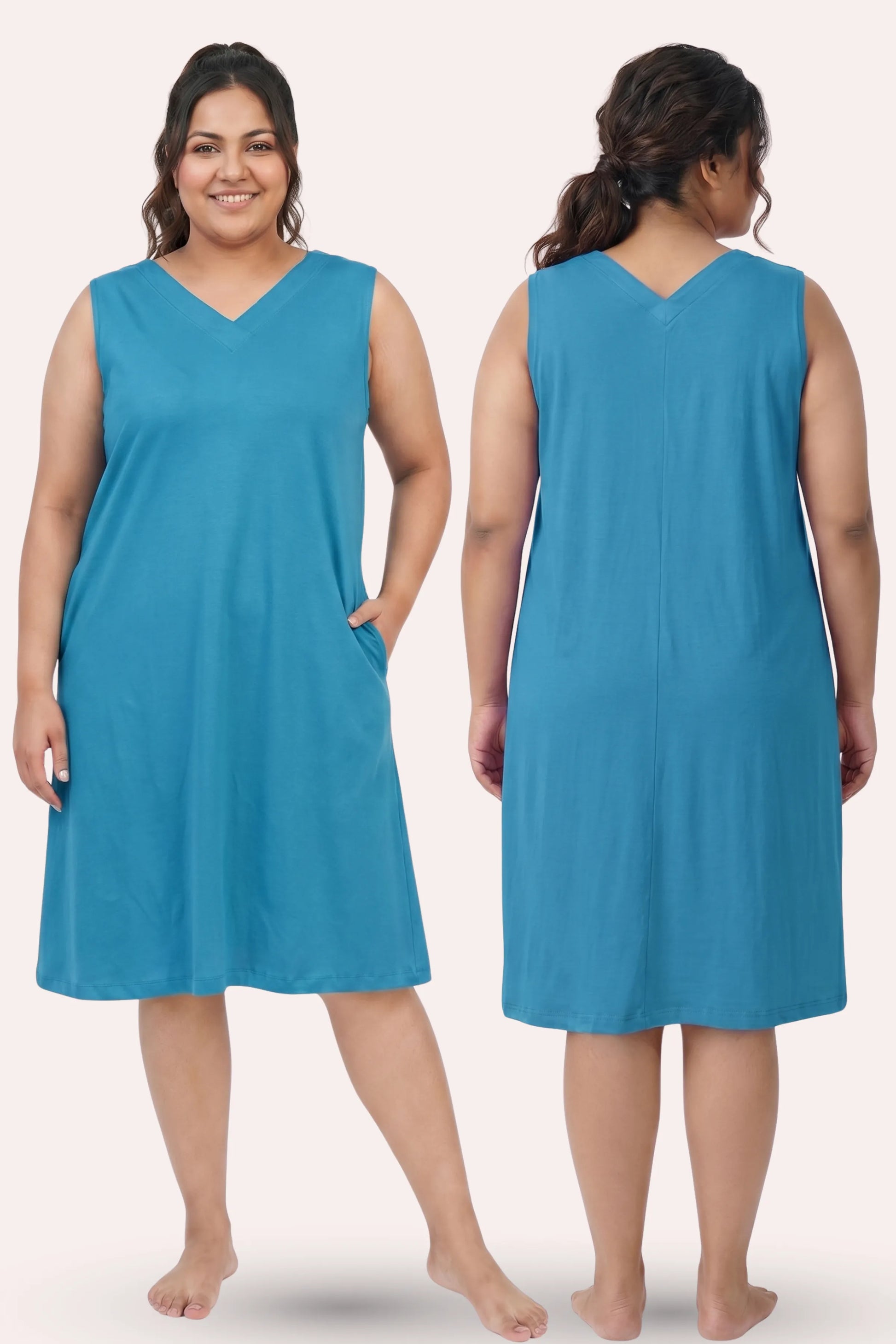 A woman model a sleeveless V-neck dress in a peacock blue color, shown from both the front and back views