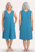 Woman wearing a peacock blue sleeveless dress, shown from front and back view