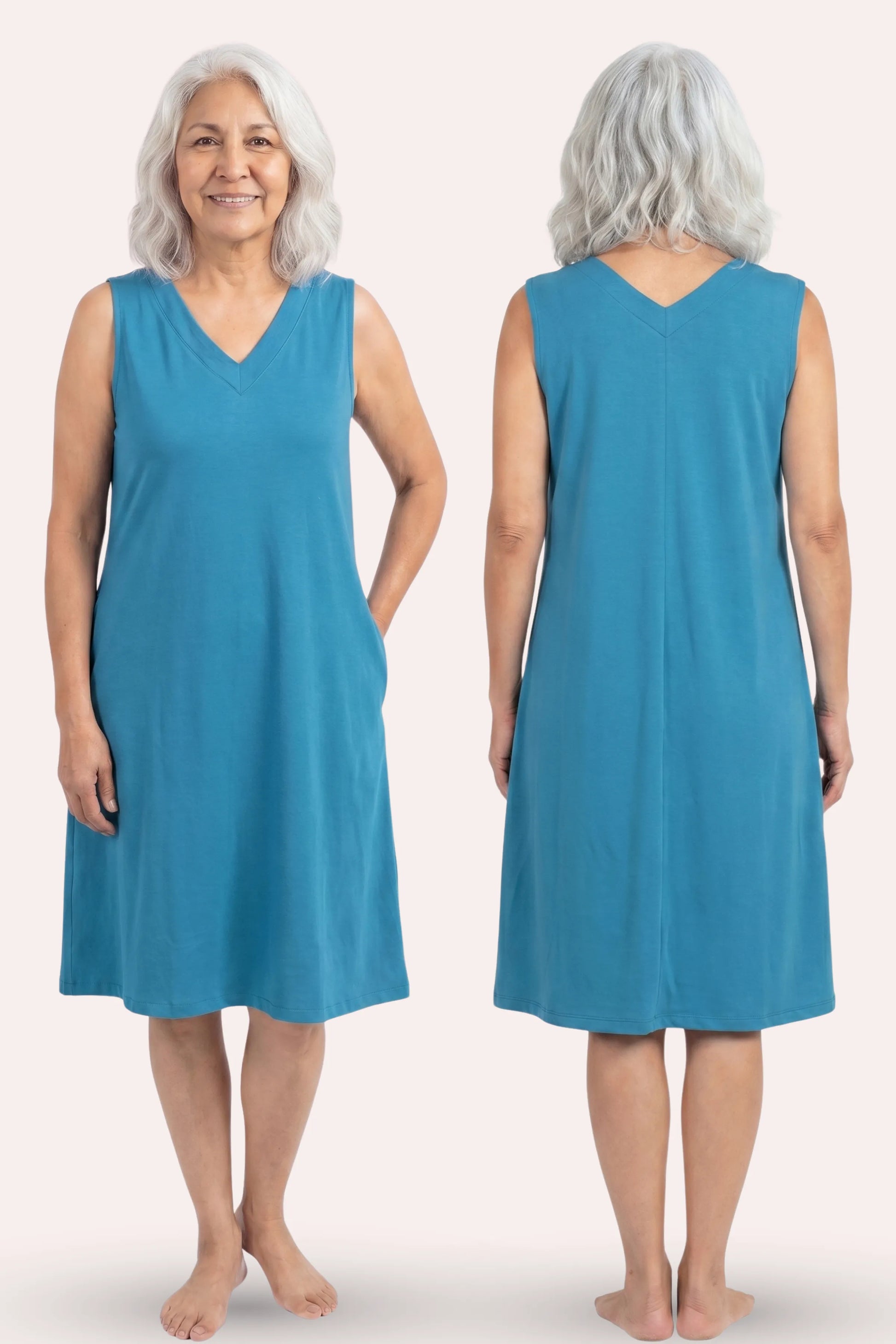 Woman wearing a peacock blue sleeveless dress, shown from front and back view