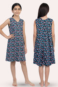 Girl wearing a sleeveless dress with floral pattern, front and back views.