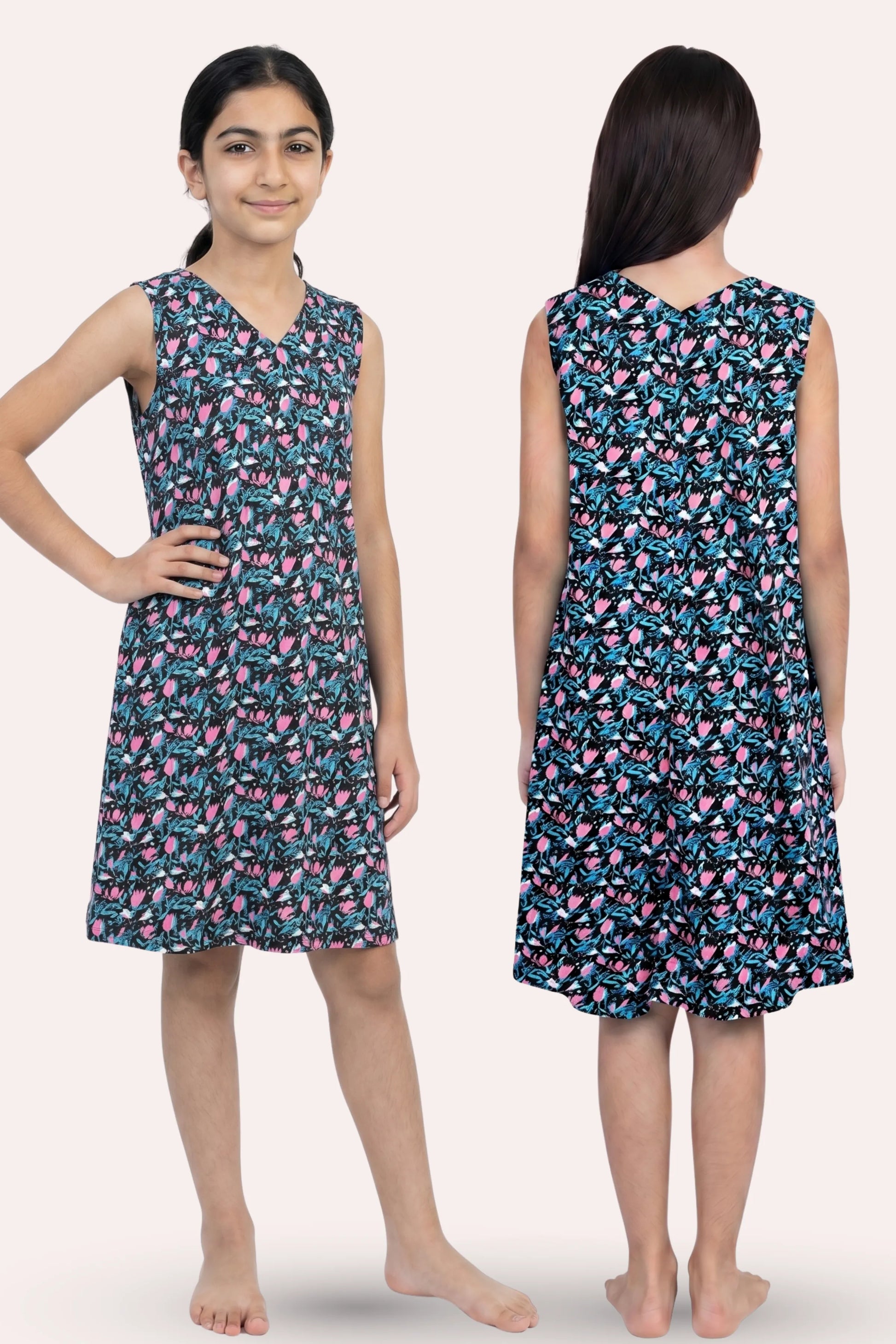 Girl wearing a sleeveless dress with floral pattern, front and back views.