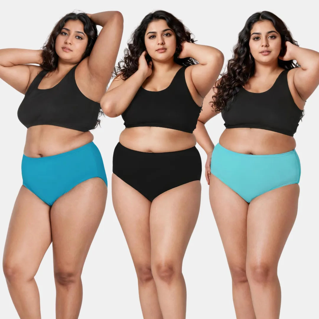 Cotton Panties for Curvy women Bright Blue, Black & Light Blue 