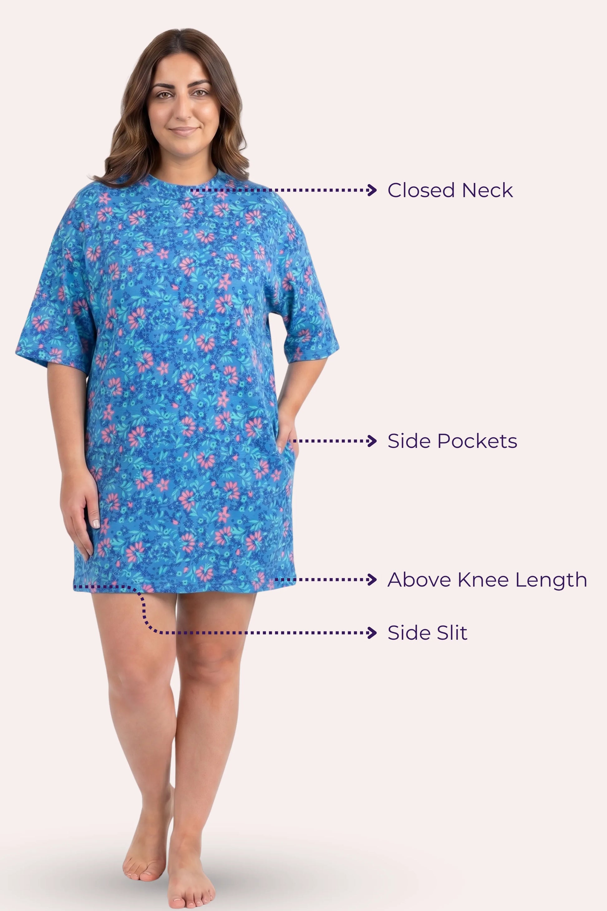 A woman model a blue floral nightshirt with text callouts indicating features.