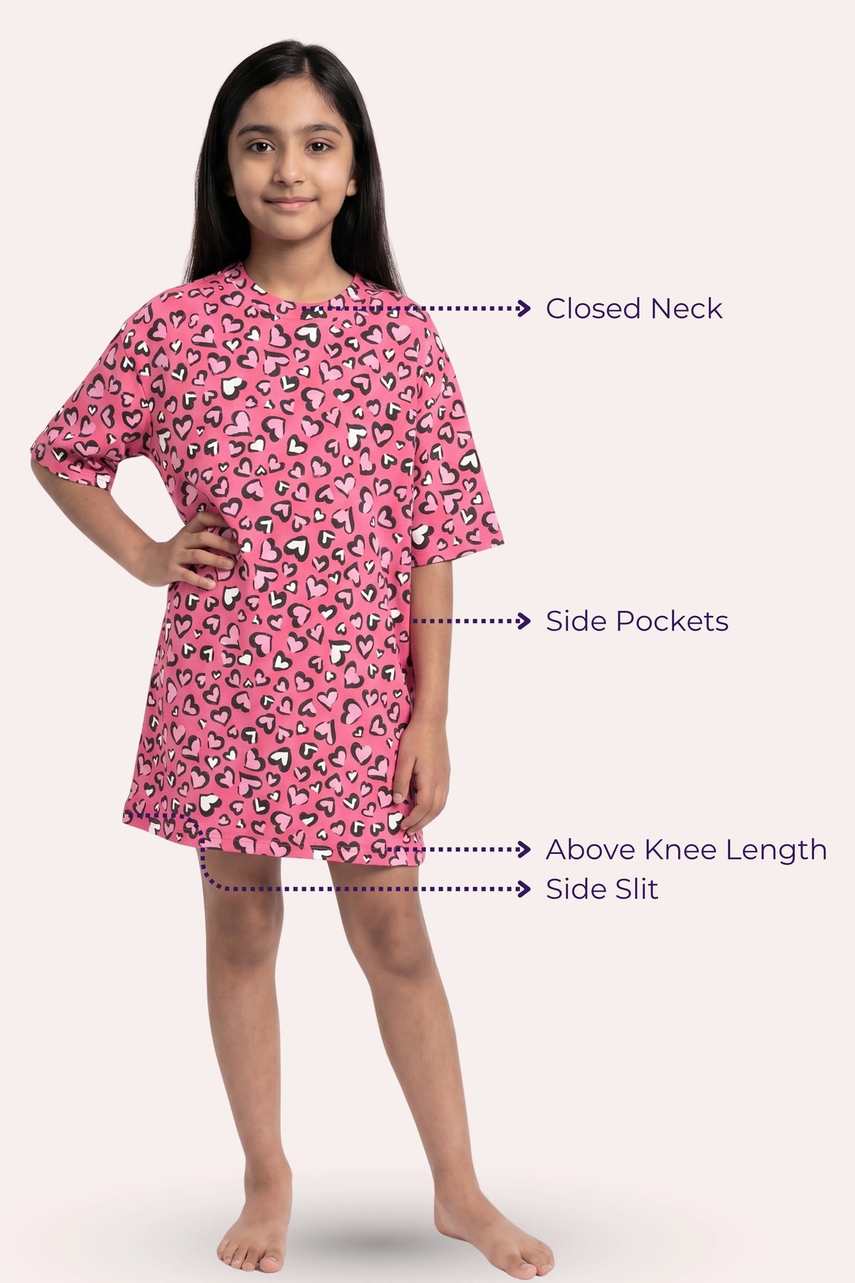A young girl modeling a pink nightgown heart pattern, featuring callout lines and text labels pointing out its features.