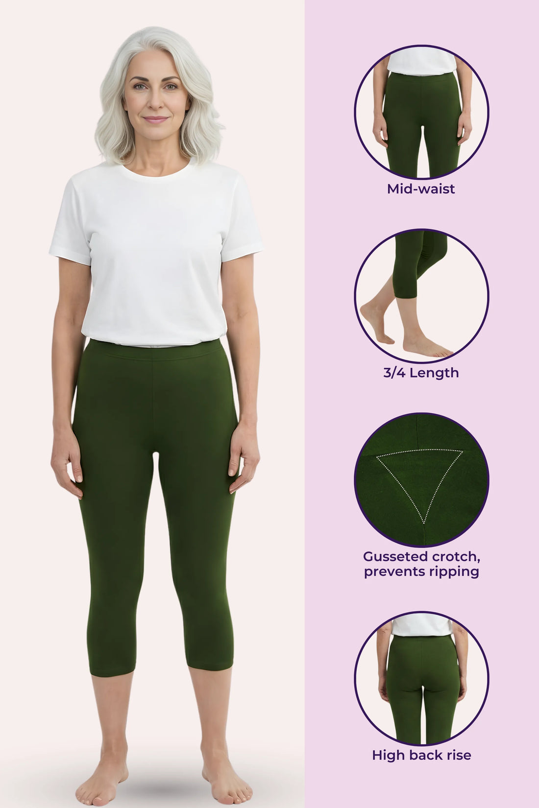 A woman modeling green capri leggings with a white t-shirt, standing against a light gray studio background.