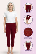 A woman modeling cropped leggings with a white t-shirt, shown alongside feature callouts on a light pink background: mid-waist cut, 3/4 length, Gusseted crotch, and high back rise.