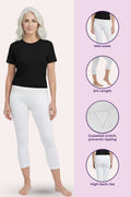 A woman modeling white capri leggings with a black t-shirt, shown alongside feature callouts on a light lavender background. The callouts indicate mid-waist, 3/4 length, Gusseted crotch, and high back rise.