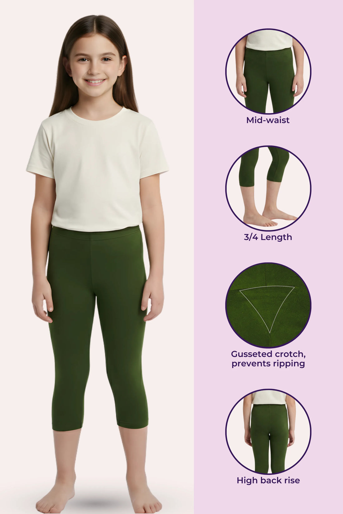 Teen Cropped Leggings | Mid Waist | 3/4 Length | Cotton–Elastane Blend | Non-See-Through | Gusset Crotch to Prevent Ripping