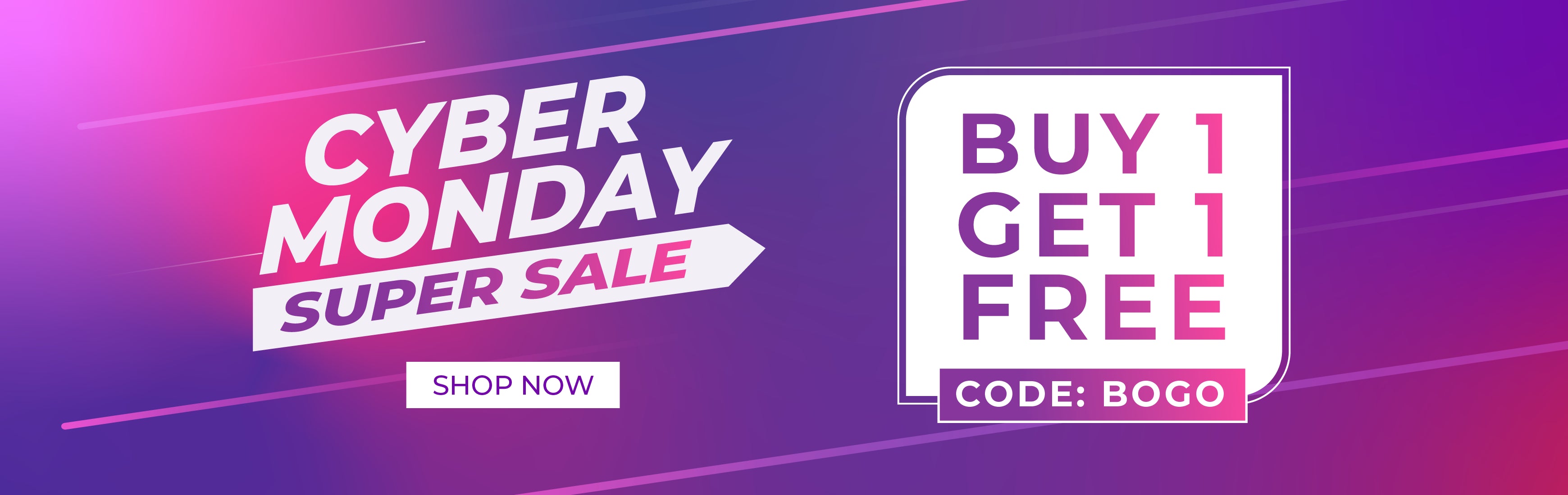 Cyber Monday super sale banner with 'Buy 1 Get 1 Free' offer on a purple gradient background.slider_item_nF4WBX