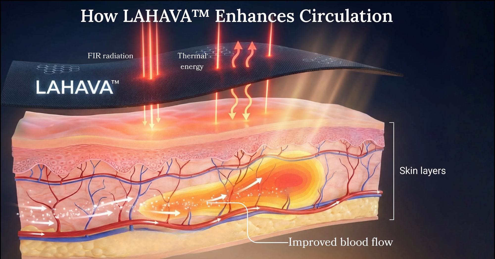 Diagram showing Far Infrared Rays FIR penetrating skin layers to increase microcirculation for cellulite reduction.