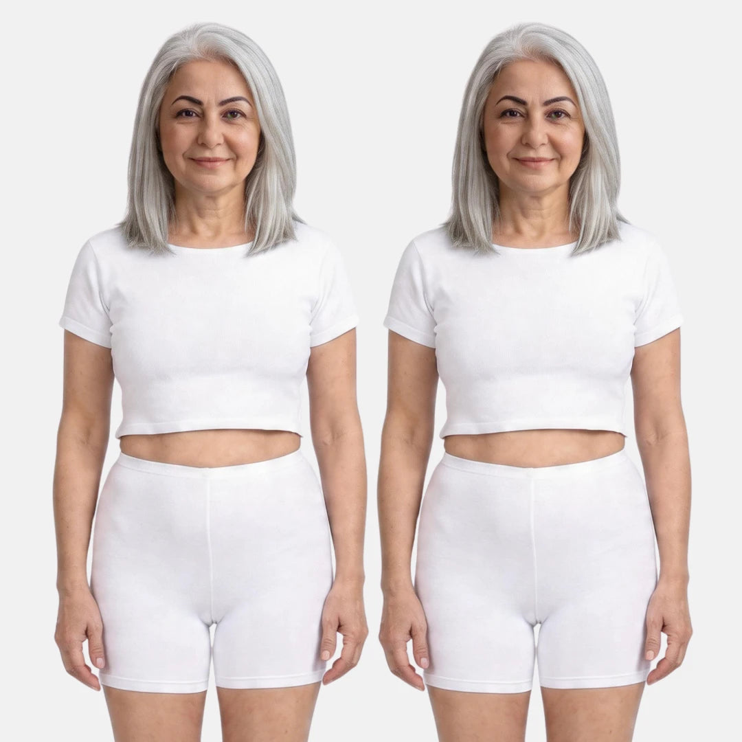 Woman wearing a two poses with white crop top and white shorts on a white background