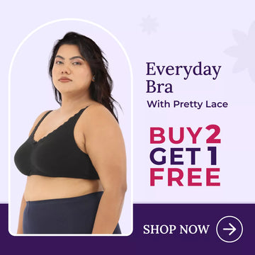 Woman wearing a maroon bra with text promoting 'Everyday Bra with Pretty Lace' buy 2 get 1 free offer on a light purple background.