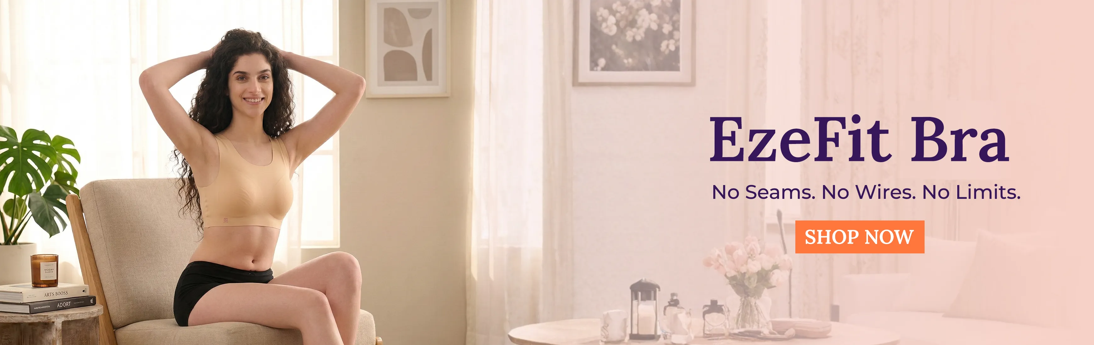 Woman sitting on a chair wearing an EzeFit bra with promotional text along with call to action slider_item_UXWKmq