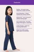 Child wearing airforce navy pajama set with product features listed