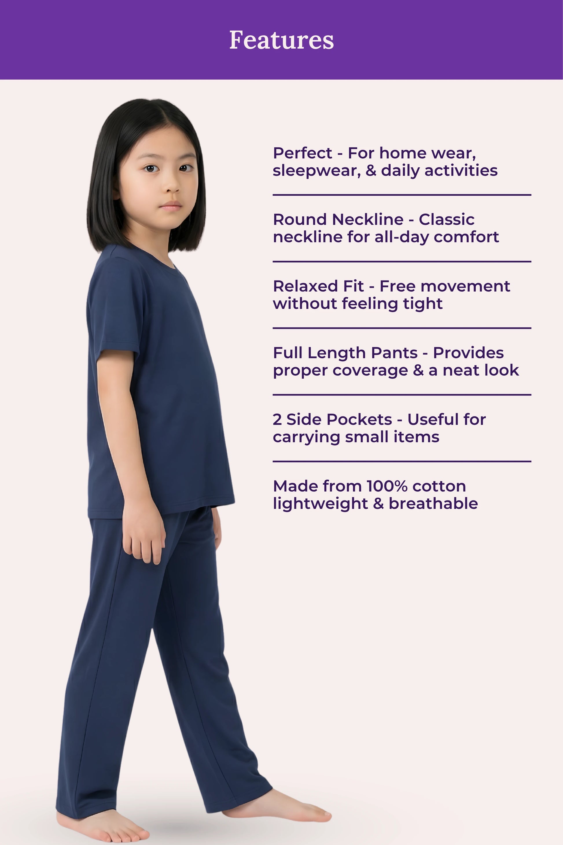 Child wearing airforce navy pajama set with product features listed