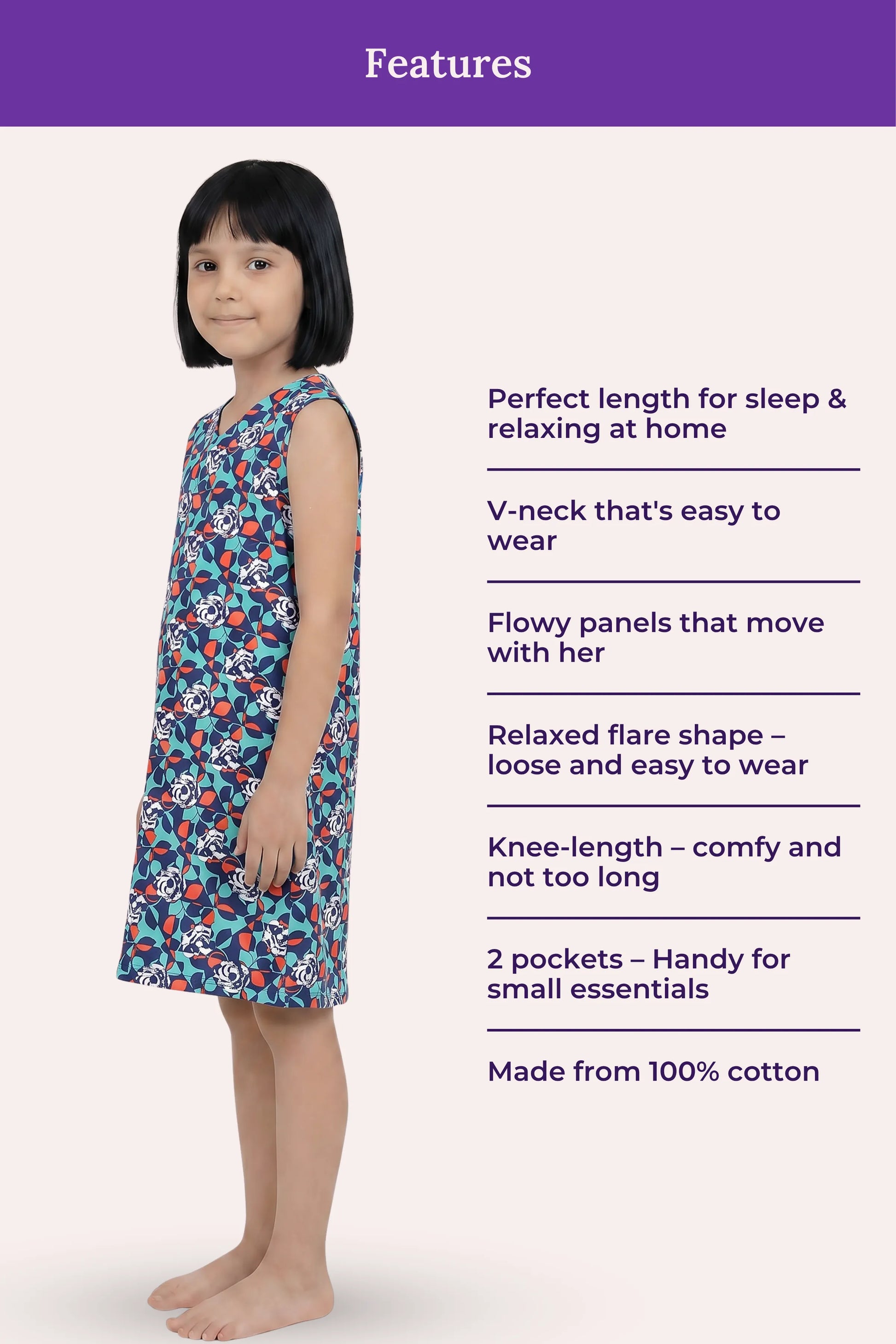 A girl model wearing a sleeveless V-neck dress with a blue floral print.