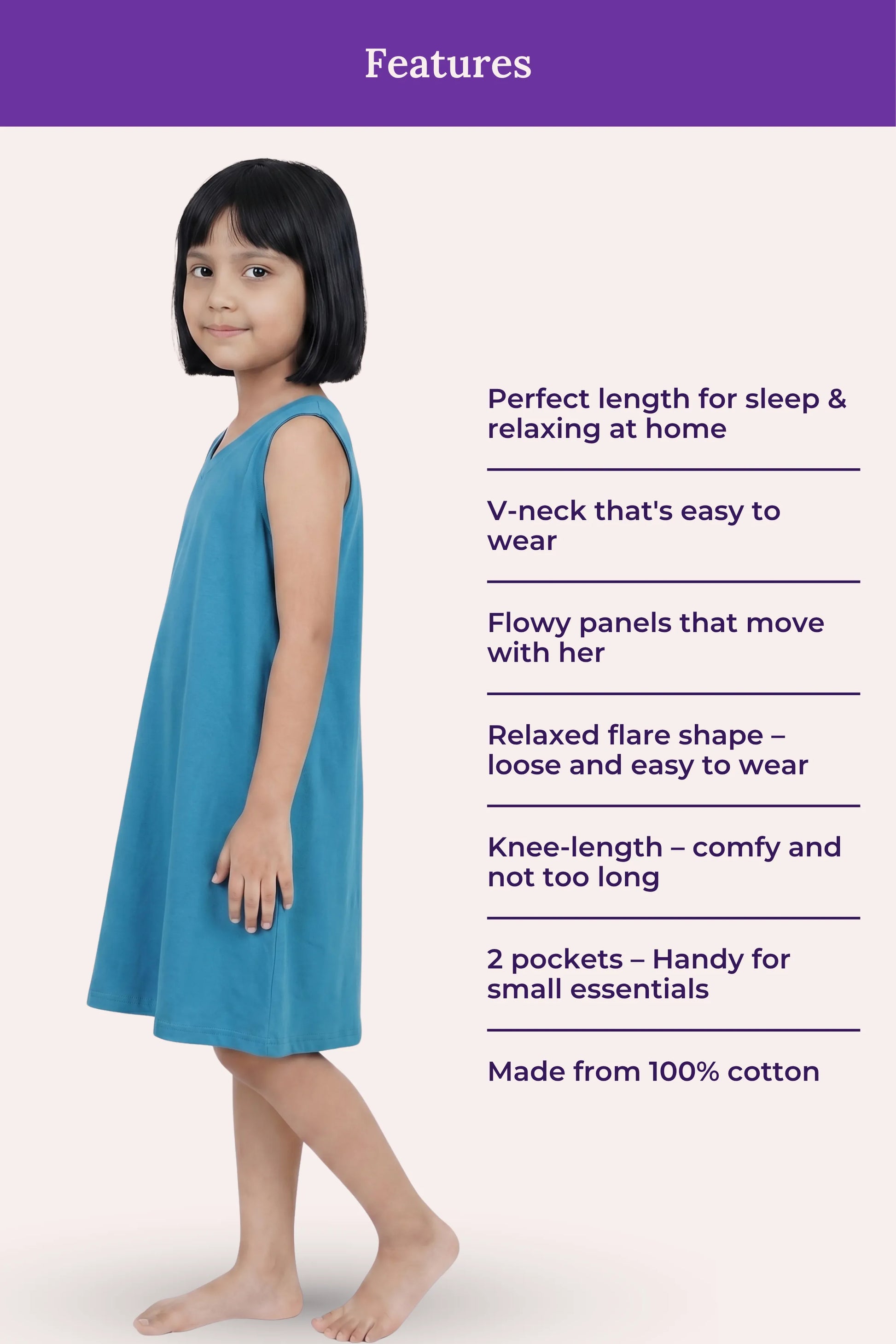 A girl wearing a sleeveless peacock blue dress showing listed features.