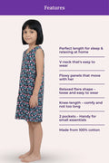 A girl wearing a sleeveless V-neck dress with a black pattern, shown on lists product benefits.
